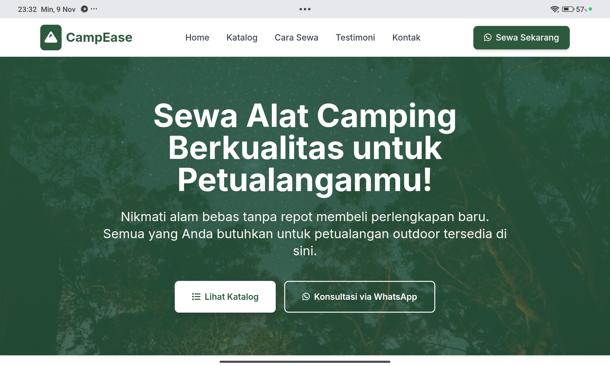 Website Sewa Alat Camping - Contoh desain website untuk jasa sewa peralatan camping dan outdoor
