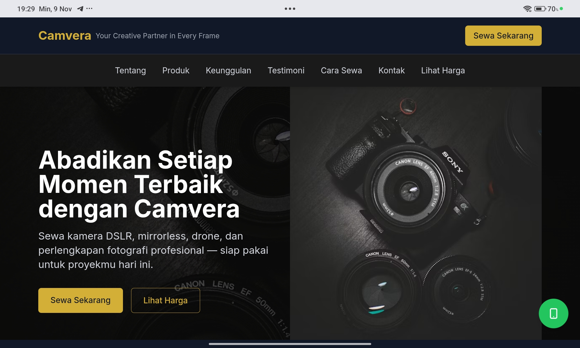 Website Sewa Kamera Profesional - Contoh desain website untuk jasa sewa kamera dan perlengkapan fotografi